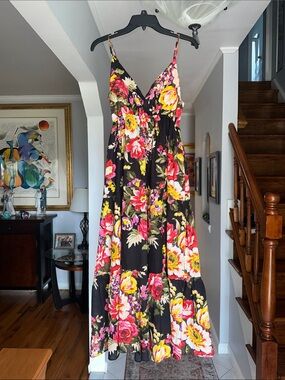 Floral Black Maxi Dress with Pink & Yellow Blooms Sz M